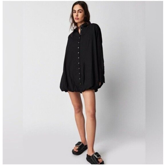 Free People Dresses & Skirts - Free People Women’s Black Nova Shirtdress With Bubble Hem Medium New Boho Beach